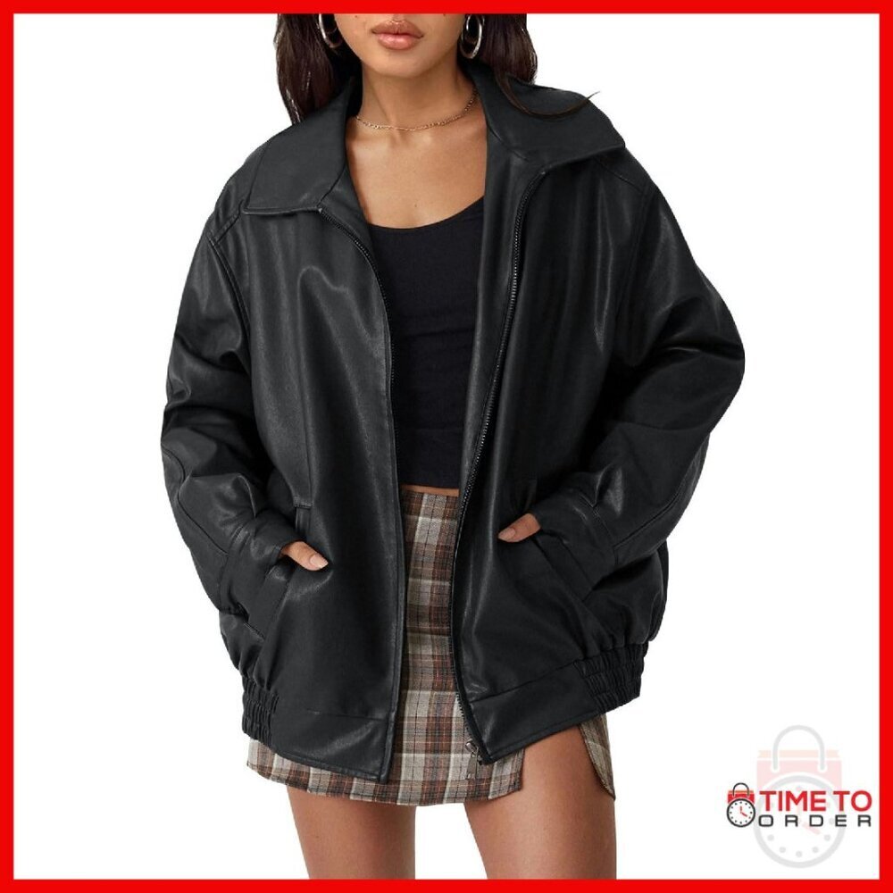Oversized Faux Leather Motorcycle Jacket - Zipper Closure Women's Coat